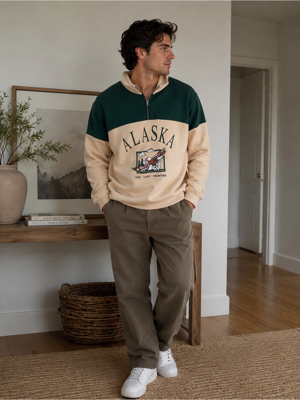 Alaska The Last Frontier Quarter Zip Sweatshirt |Green and Cream Color Block 2XL